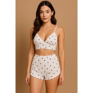 New Small Hearts White Set 2 Piece Cami Pajama Set Shorts Bra Tank Top PJ Lounge